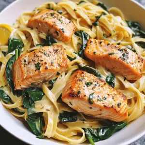 Creamy Salmon Spinach Pasta with Garlic, Lemon & White Wine Sauce – A Quick & Elegant Dinner