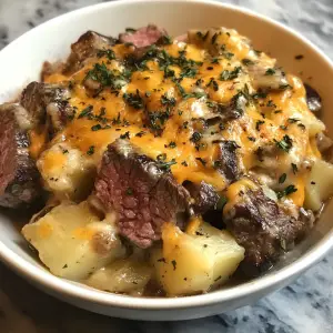 Crockpot Loaded Steak and Potato Bake – Tender Sirloin, Creamy Potatoes & Cheddar Cheese